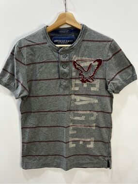 American Eagle Outfitters Gray Short Sleeve Henley with Maroon Stripe and Eagle